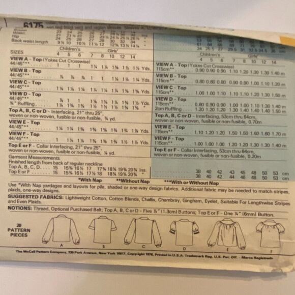 McCalls 6175 Pattern Top Girls 10 Vintage Button Front Pan Collar Pintuck Bow - Picture 4 of 6